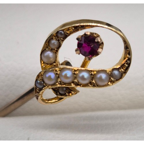 18 - 15ct Gold Ruby & Pearl Stick Pin. [1.05grams]