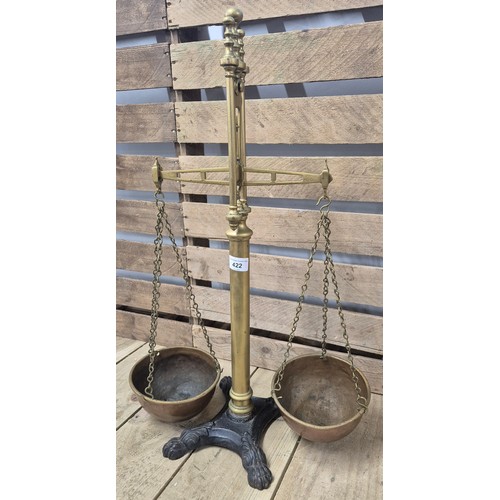 422 - 19th century Tobacco scales; Brass, Copper and heavy cast metal stand.  Birmingham - Day & Milward. ... 