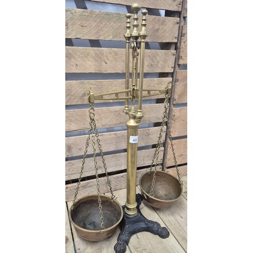 422 - 19th century Tobacco scales; Brass, Copper and heavy cast metal stand.  Birmingham - Day & Milward. ... 