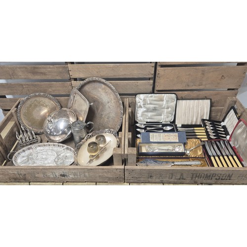 425 - Two crates of silver plated wares: Boxed cutlery sets, Selfridge & co containing two Berry spoons, B... 