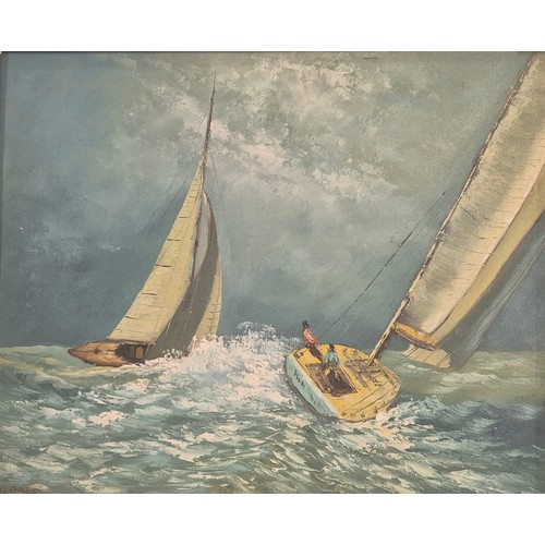 435 - G. Owens
Original oil painting on canvas depicting sailing scene. Fitted within an ornate frame. [Fr... 