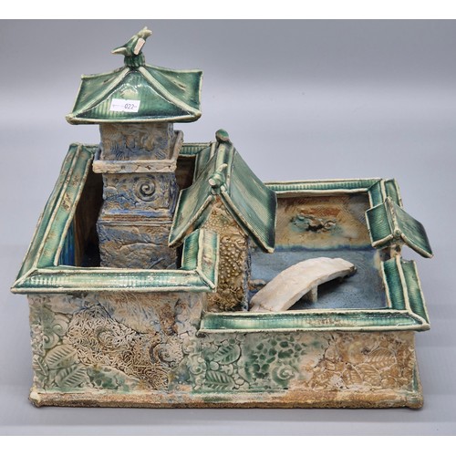 479 - A Porcelain green glazed pottery Chinese court yard villa building. [21x24x28cm]