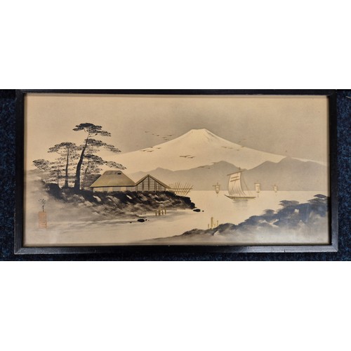 488 - A collection of four Japanese & eastern arts works; Pagoda & boat scene signed, Boats on the loch wi... 