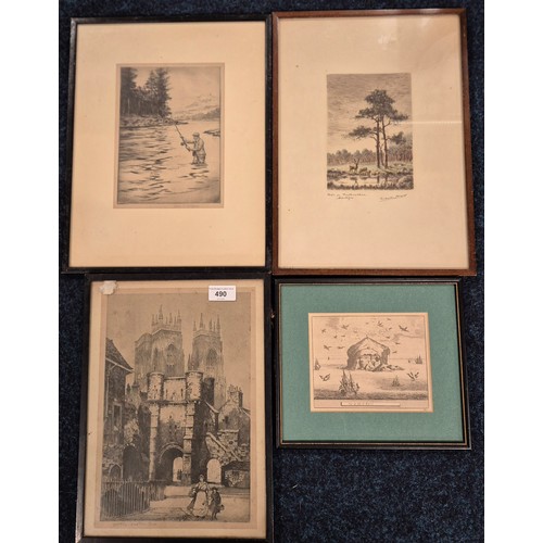 490 - A collection of four 19th century engravings; York cathedral scene, man on the river salmon fishing,... 