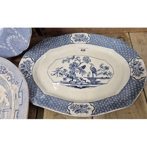 446 - A Collection of four victorian blue n white platters; Staffordshire pagoda scene platter, Victorian ... 