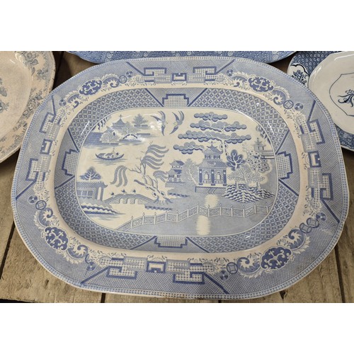 446 - A Collection of four victorian blue n white platters; Staffordshire pagoda scene platter, Victorian ... 