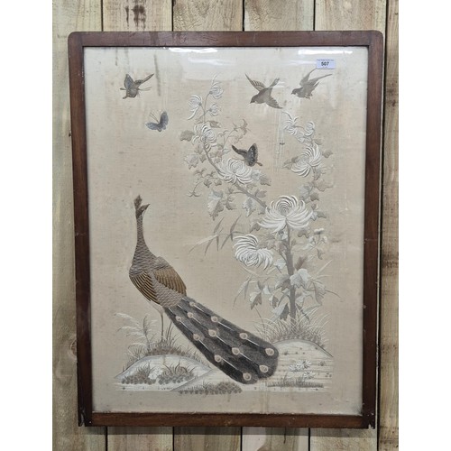 507 - 19th century embroidery wild scene bird & Butterfly scene ; peacock looking at sparrows & Butterflie... 