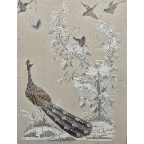 507 - 19th century embroidery wild scene bird & Butterfly scene ; peacock looking at sparrows & Butterflie... 