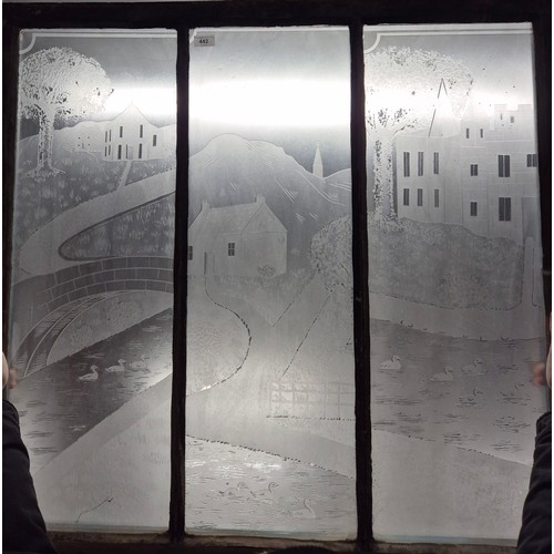 442 - Large Antique etched glass 3 pane window. [95x100cm]