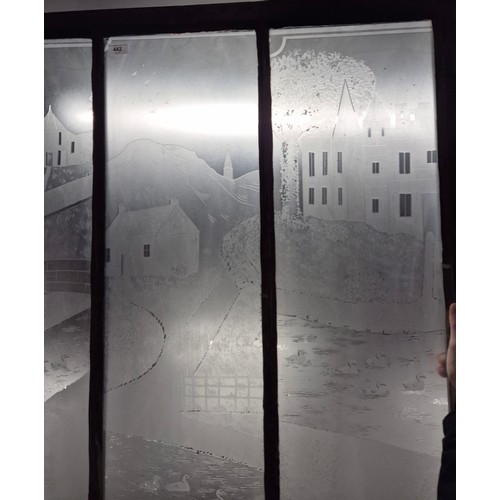 442 - Large Antique etched glass 3 pane window. [95x100cm]