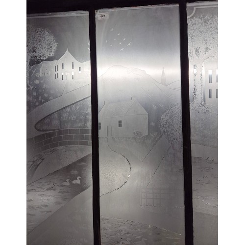 442 - Large Antique etched glass 3 pane window. [95x100cm]