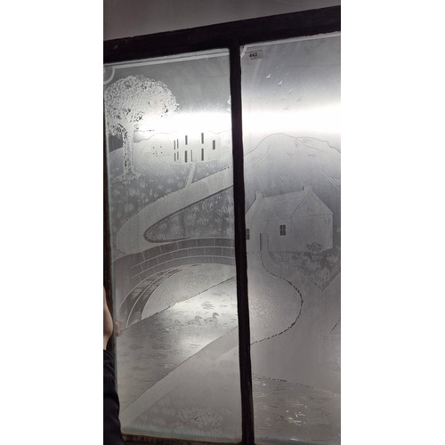 442 - Large Antique etched glass 3 pane window. [95x100cm]