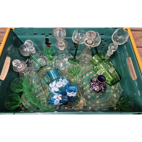 445 - A Large collection of antique glass ware; 19th century glass Decanters with stoppers, Art Deco Green... 