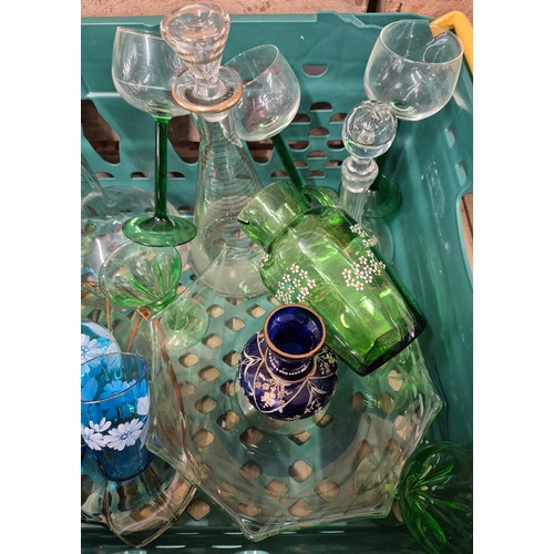 445 - A Large collection of antique glass ware; 19th century glass Decanters with stoppers, Art Deco Green... 