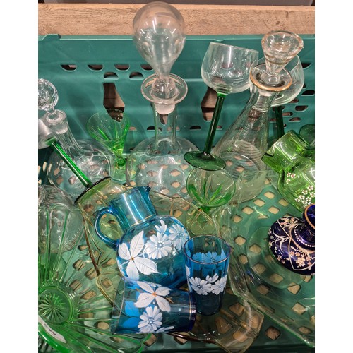 445 - A Large collection of antique glass ware; 19th century glass Decanters with stoppers, Art Deco Green... 