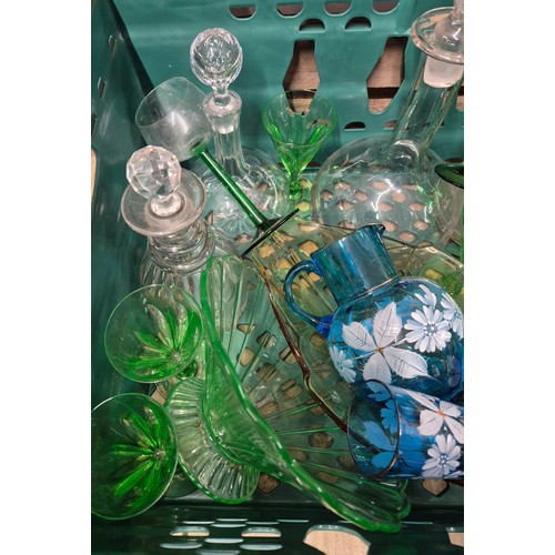 445 - A Large collection of antique glass ware; 19th century glass Decanters with stoppers, Art Deco Green... 