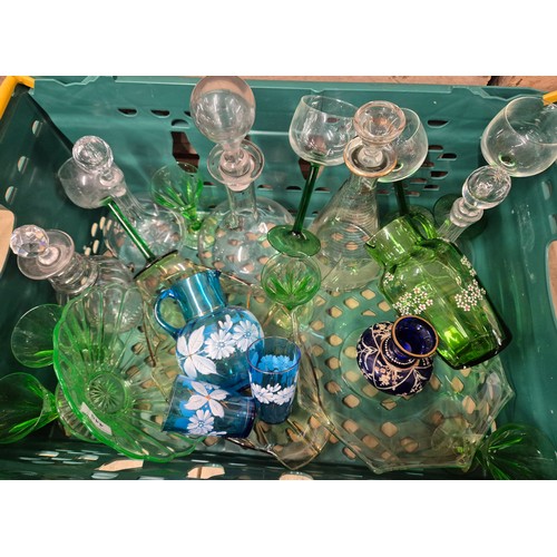 445 - A Large collection of antique glass ware; 19th century glass Decanters with stoppers, Art Deco Green... 