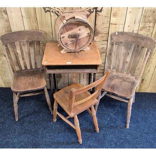 519 - A Collection of furniture; A Pair of elm wood chairs, Oak chair, school desk and small butter churn.