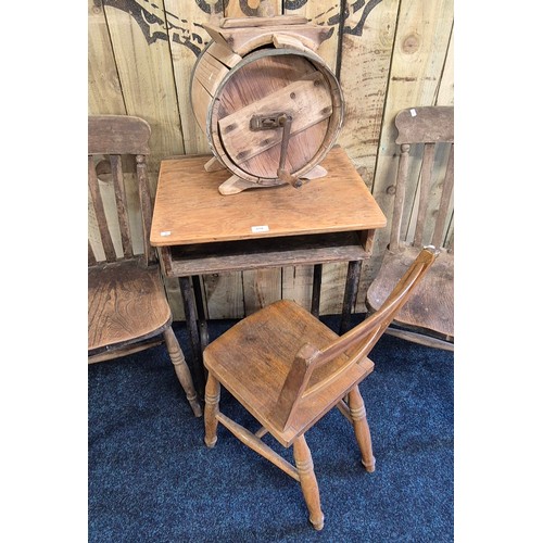 519 - A Collection of furniture; A Pair of elm wood chairs, Oak chair, school desk and small butter churn.