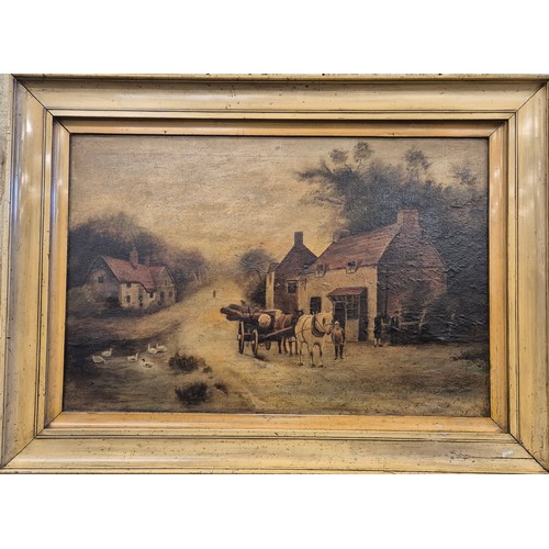 526 - 19th century oil painting on canvas depicting horse and cart. [Frame- 48x66cm]