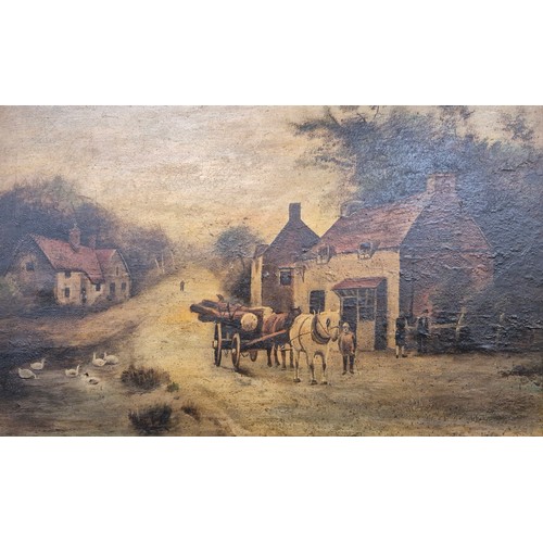 526 - 19th century oil painting on canvas depicting horse and cart. [Frame- 48x66cm]