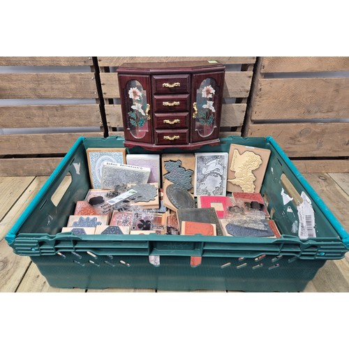 529 - A Crate of Arts and Crafts Funstamps and jewellery box