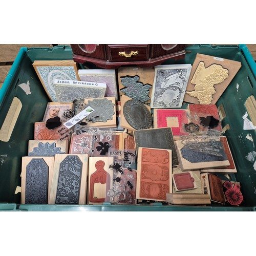 529 - A Crate of Arts and Crafts Funstamps and jewellery box