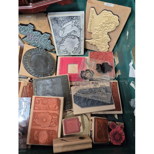 529 - A Crate of Arts and Crafts Funstamps and jewellery box