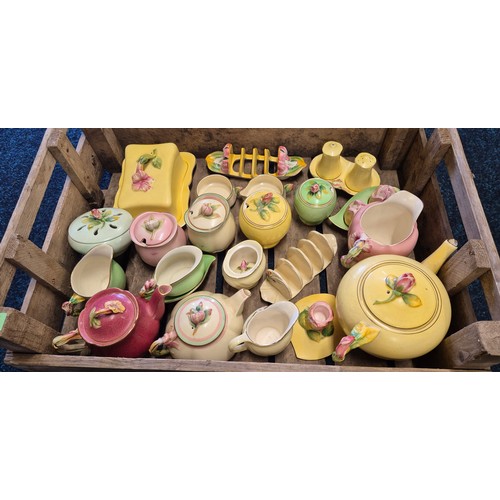 535 - Two crates of Royal Winton porcelain wares; Small tea pots, cups n saucers, toast racks, cheese dish... 