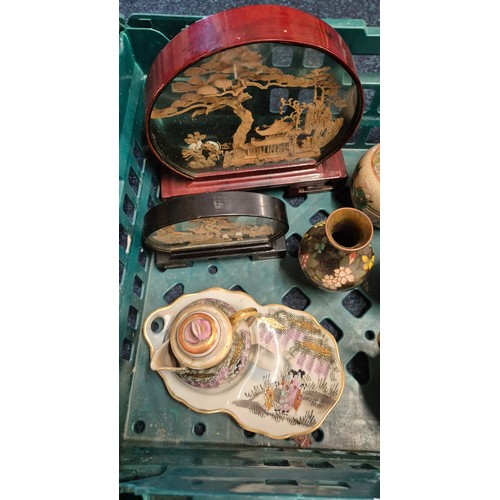 538 - A Crate of collectable Chinese and Asian items; Hand carved rosewood wall masks, cloisonne vases, Co... 