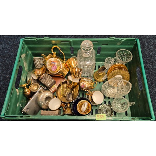 537 - Crate of collectable odds; Limoge tea set, crystal decanters, Trinket boxes and hip flasks etc