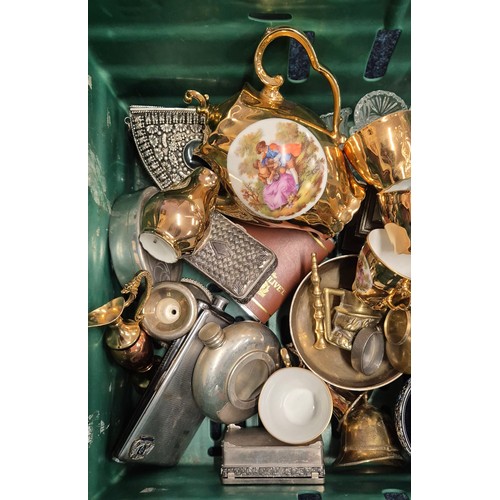 537 - Crate of collectable odds; Limoge tea set, crystal decanters, Trinket boxes and hip flasks etc