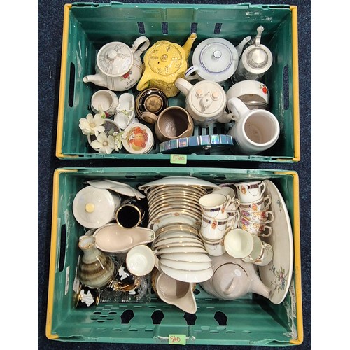 540 - Two crates of porcelain wares; Victorian tea set, various tea pots, Etched glass German stein and ma... 