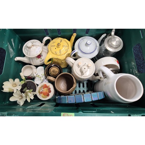 540 - Two crates of porcelain wares; Victorian tea set, various tea pots, Etched glass German stein and ma... 