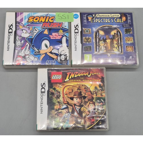 551 - Three Nintendo DS Games ; Sonic Rush, Indiana Jones & Professor Layton