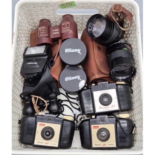 550 - A Basket of mixed cameras and binoculars; Theatre glasses, Kodak cameras and various lenses.