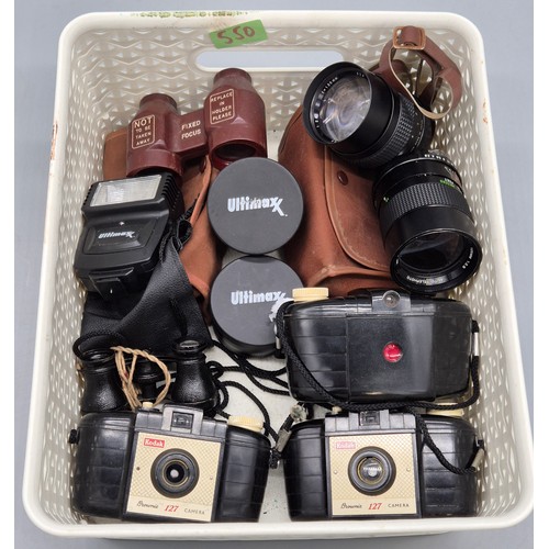 550 - A Basket of mixed cameras and binoculars; Theatre glasses, Kodak cameras and various lenses.