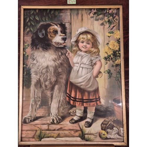 547 - Antique print depicting Girl and dog with biscuit on his nose. [Possible biscuit advertisement] toge... 