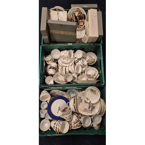 555 - Three crates of tea ware and ceramics; Wedgwood collectors plates, Royal Stafford tea set, Ansley ro... 