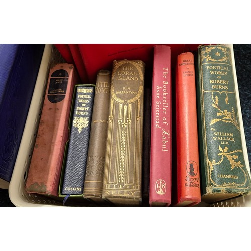 548 - A Crate of mixed antique and vintage books; Punch books, Poetical works by Robert Burns, Great expec... 