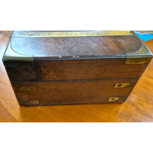 419 - 19th century mahogany and brass bound jewellery box containing lidded preserves. [13x30x22cm]