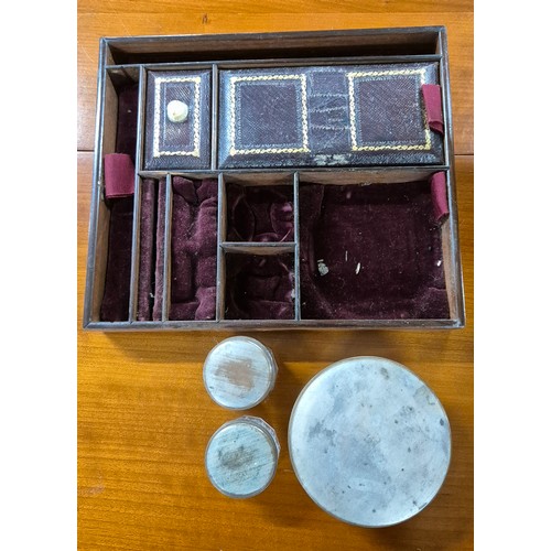 419 - 19th century mahogany and brass bound jewellery box containing lidded preserves. [13x30x22cm]