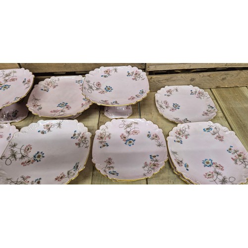 322 - Victorian pink ground and floral design cake plate service with tazza bowls.