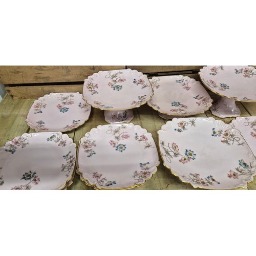 322 - Victorian pink ground and floral design cake plate service with tazza bowls.