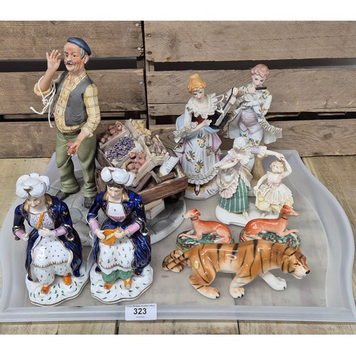 323 - A selection of collectables; Royal Dux tiger, pair of Staffordshire small dog figures & other items