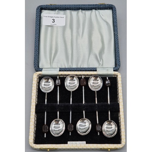 3 - Boxed set of six Birmingham silver coffee bean spoons.