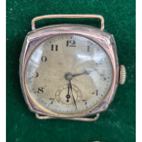 6 - Antique 9ct yellow gold cased watch. Together with a 9ct yellow gold curb chain and t-bar- as found.... 