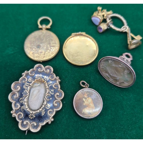 8 - A collection of Victorian Jewellery; Yellow tone mourning brooch, Yellow tone and agate seal, Hoop c... 