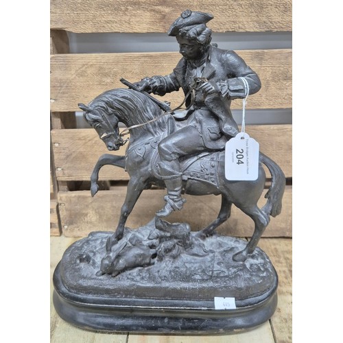 204 - 19th century Bronzed Spelter figure sculpture- Well dressed gentleman figure on horseback hunting a ... 