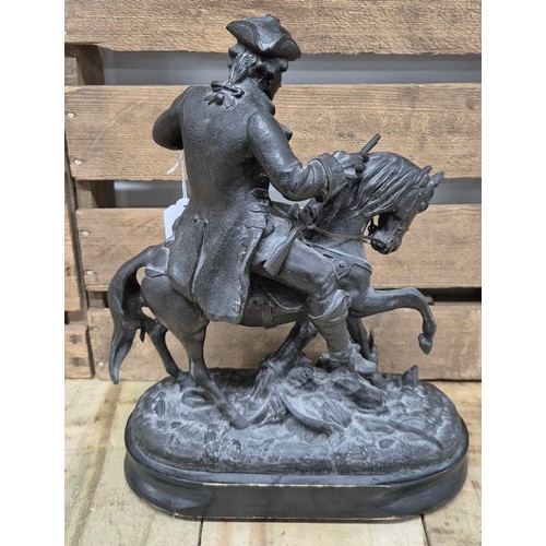 204 - 19th century Bronzed Spelter figure sculpture- Well dressed gentleman figure on horseback hunting a ... 